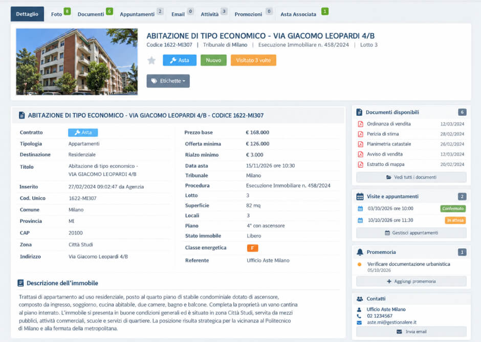 Schermata reale della scheda di un annuncio asta nel gestionale
