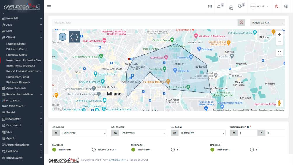 Inserimento di una richiesta cliente con area geografica per l'incrocio con le aste immobiliari